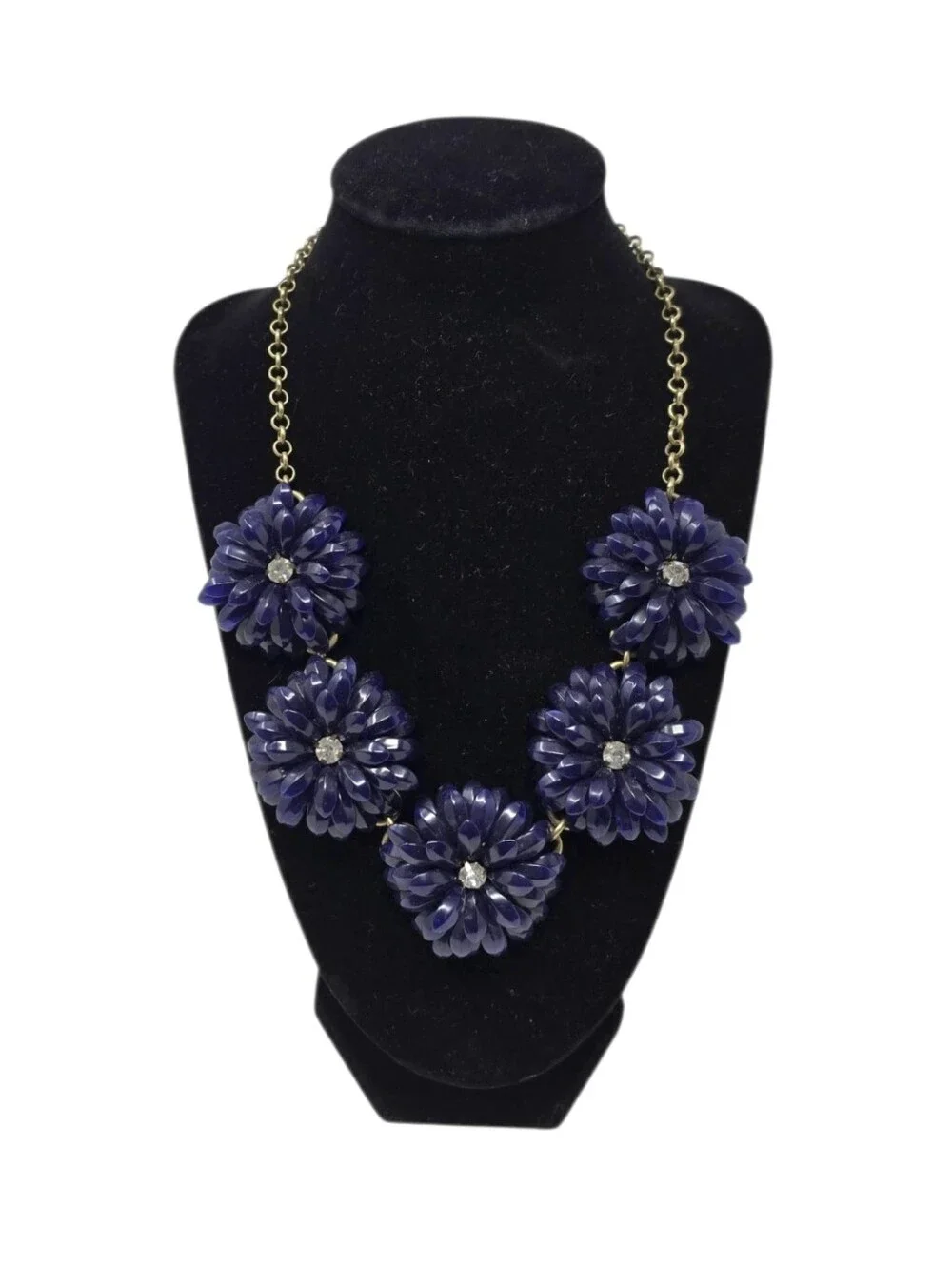 J Crew Articulated Petals & Rhinestone Gold Tone Chain Statement Necklace Navy
